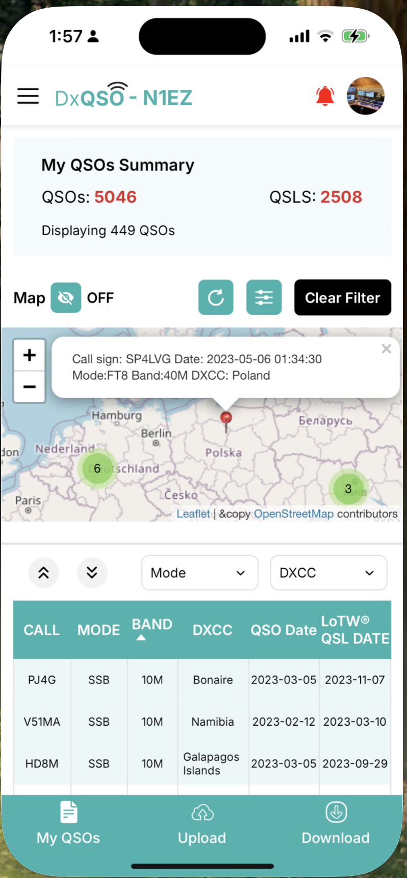 DxQSO on mobile logbook with QSO Map